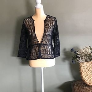 Zara Basic Navy Crocheted Styled 3/4 Sleeve Jacket